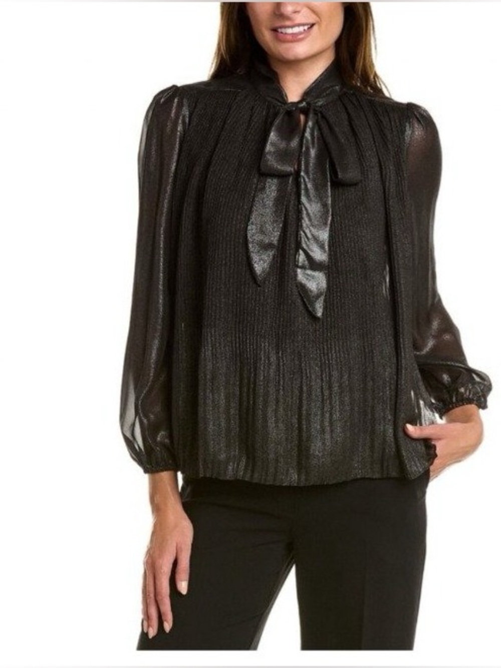 Nanette Lepore Shimmery Black Tie-Neck Pleated Blouse M